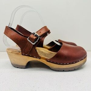 Swedish Clog Sandals Cognac Brown Leather Closed Toe Platform Shoes Sz 37